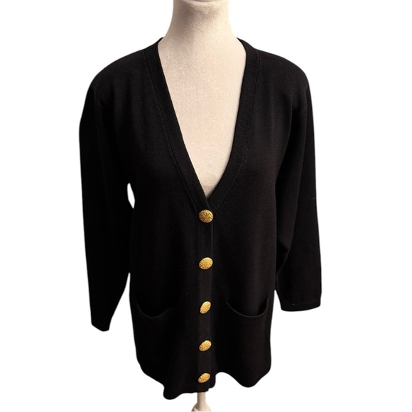 VTG Black Deep V Knit Slouchy Cardigan – Gold Embossed Buttons & Shoulder Pads - Picture 10 of 16